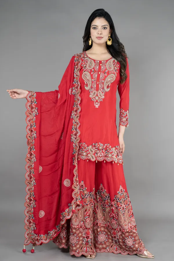 Red Straight Salwar Suit With Sarara